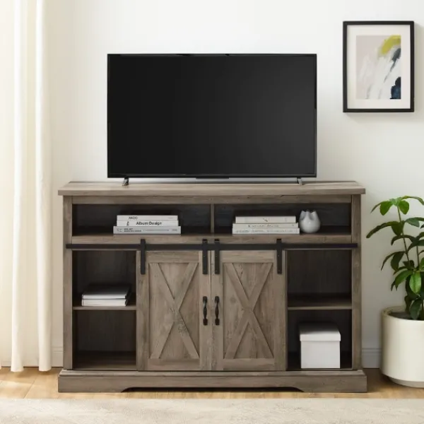 Tv Stands & Media Consoles-Kirkland's Home Wash Sliding Barn Door Highboy Tv Stand Gray