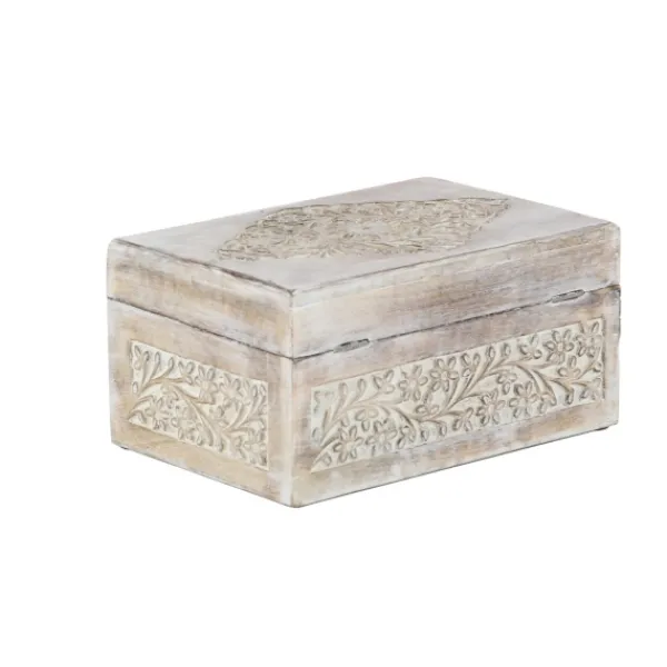 Baskets & Boxes-Kirkland's Home Washed Floral Carved Wood Boxes, Set Of 3 White