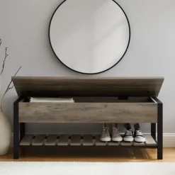 Entryway Furniture-Kirkland's Home Washed Lift-Top Storage Bench Gray
