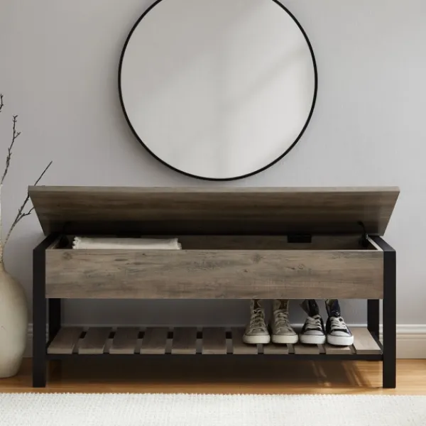 Entryway Furniture-Kirkland's Home Washed Lift-Top Storage Bench Gray