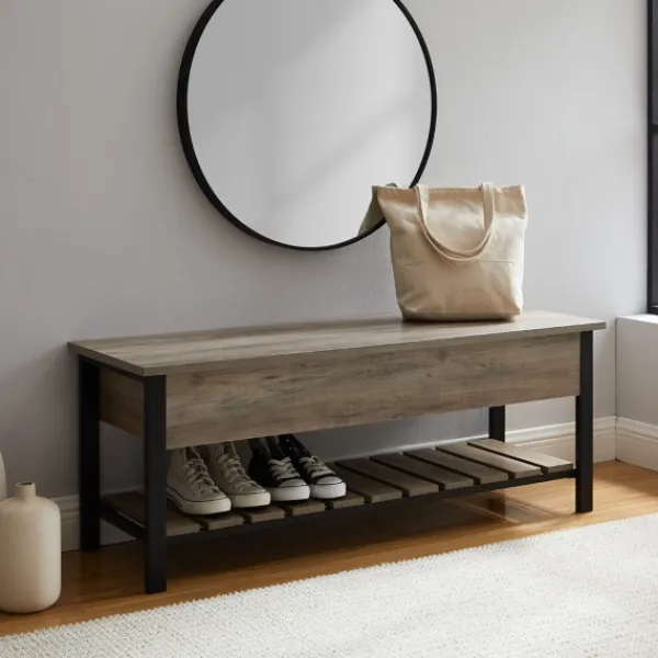 Entryway Furniture-Kirkland's Home Washed Lift-Top Storage Bench Gray