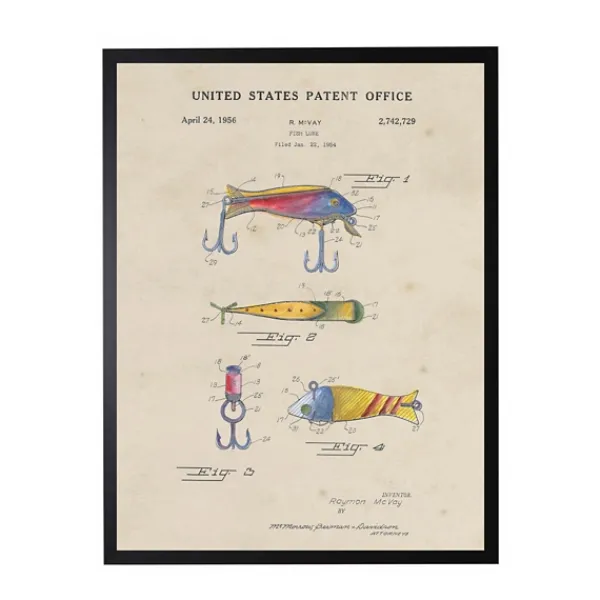 Framed Art-Kirkland's Home Watercolor Fish And Lure Patent Framed Art Print Multi