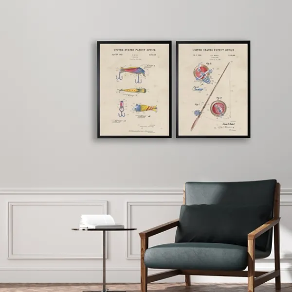 Framed Art-Kirkland's Home Watercolor Fishing Rod Patent Framed Art Print Red/Tan
