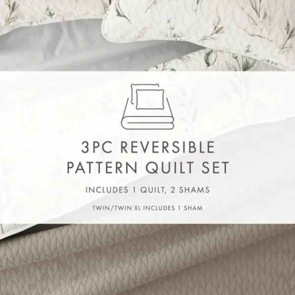 Quilts-Kirkland's Home Watercolor Leaves Reversible 3-Pc. King Quilt Set White/Green/Tan