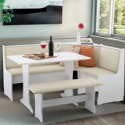 Dining Sets-Kirkland's Home White And Beige Upholstered 3-Pc Dining Nook Set Tan