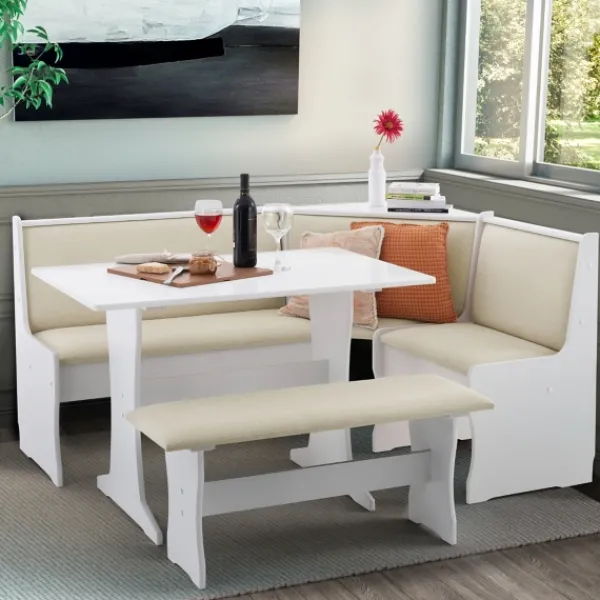 Dining Sets-Kirkland's Home White And Beige Upholstered 3-Pc Dining Nook Set Tan