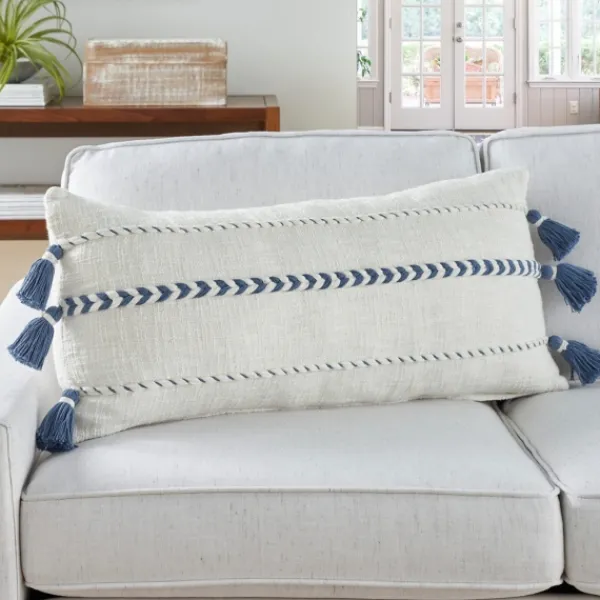Pillows-Kirkland's Home White And Blue Braided Stripe Lumbar Pillow White/Blue