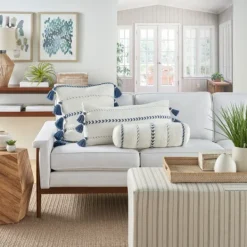 Pillows-Kirkland's Home White And Blue Braided Stripe Lumbar Pillow White/Blue