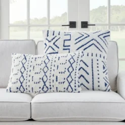 Pillows-Kirkland's Home White And Blue Tufted Geo Lumbar Pillow White/Blue
