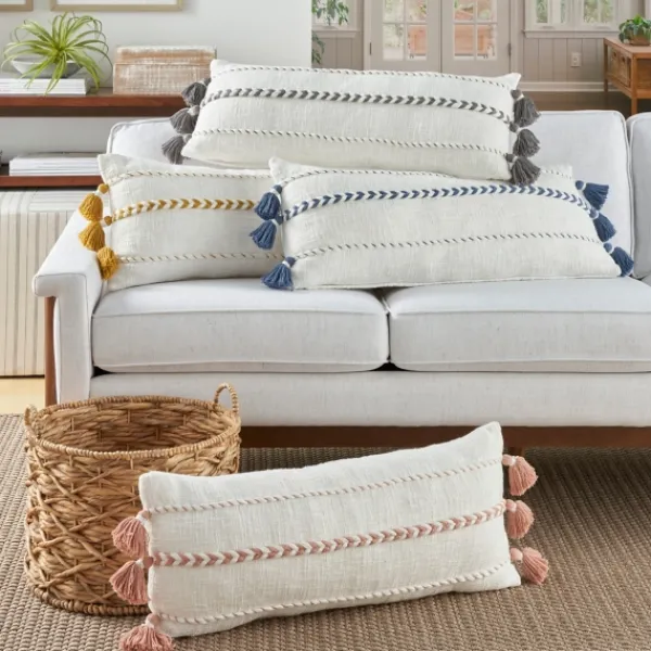 Pillows-Kirkland's Home White And Blush Braided Stripe Lumbar Pillow White/Pink