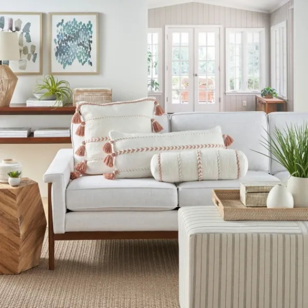 Pillows-Kirkland's Home White And Blush Braided Stripe Lumbar Pillow White/Pink