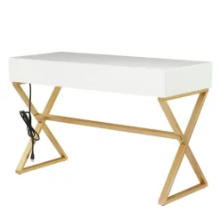 Office Furniture-Kirkland's Home White And Gold Metal Desk With Outlets White/Gold