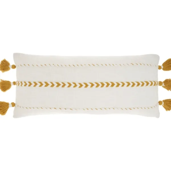 Pillows-Kirkland's Home White And Mustard Braided Stripe Lumbar Pillow White/Yellow