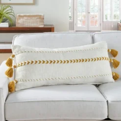 Pillows-Kirkland's Home White And Mustard Braided Stripe Lumbar Pillow White/Yellow