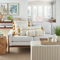Pillows-Kirkland's Home White And Mustard Braided Stripe Lumbar Pillow White/Yellow