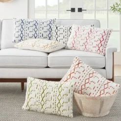 Pillows-Kirkland's Home White And Orange Tufted Geo Lumbar Pillow White/Orange