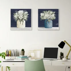 Framed Art-Kirkland's Home White Blossom Bouquet 2-Pc. Framed Wall Art Set Blue/White/Green