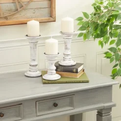 Candle Holders-Kirkland's Home White Brushstroke 3-Pc. Pillar Candle Holder Set White/Brown