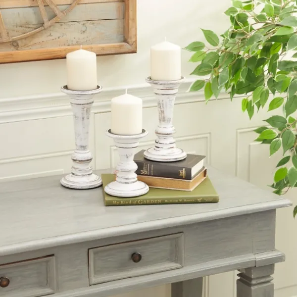 Candle Holders-Kirkland's Home White Brushstroke 3-Pc. Pillar Candle Holder Set White/Brown