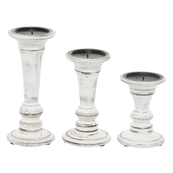 Candle Holders-Kirkland's Home White Brushstroke 3-Pc. Pillar Candle Holder Set White/Brown