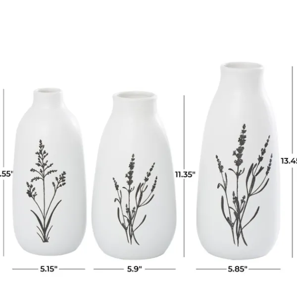 Vases-Kirkland's Home White Ceramic Botanical Print Vases, Set Of 3 White/Black