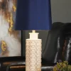 Table Lamps-Kirkland's Home White Ceramic Geometric Table Lamp With Shade Blue