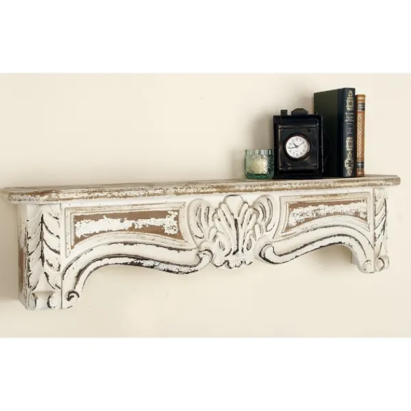 Shelves-Kirkland's Home White Distressed Carved Wood Acanthus Wall Shelf