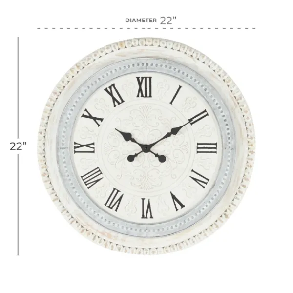 Clocks-Kirkland's Home White Distressed Wood Round Beaded Wall Clock