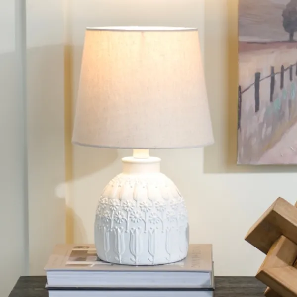 Table Lamps-Kirkland's Home White Embossed Flowers Table Lamp Ivory