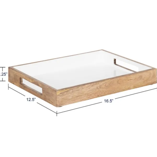 Decorative Trays-Kirkland's Home White Enameled Rectangle Mango Wood Tray Tan/White