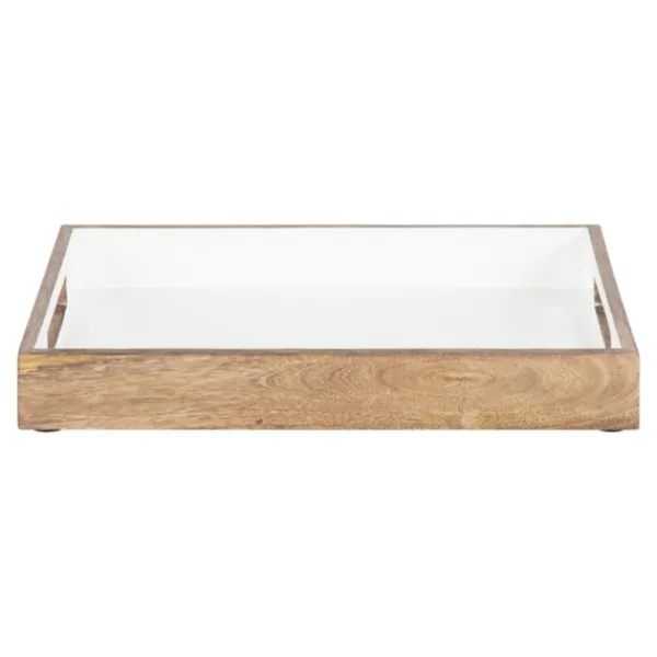 Decorative Trays-Kirkland's Home White Enameled Rectangle Mango Wood Tray Tan/White