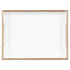 Decorative Trays-Kirkland's Home White Enameled Rectangle Mango Wood Tray Tan/White