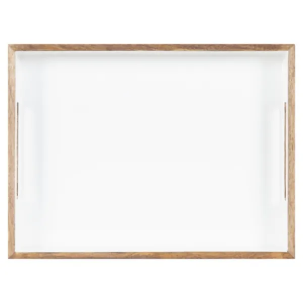 Decorative Trays-Kirkland's Home White Enameled Rectangle Mango Wood Tray Tan/White