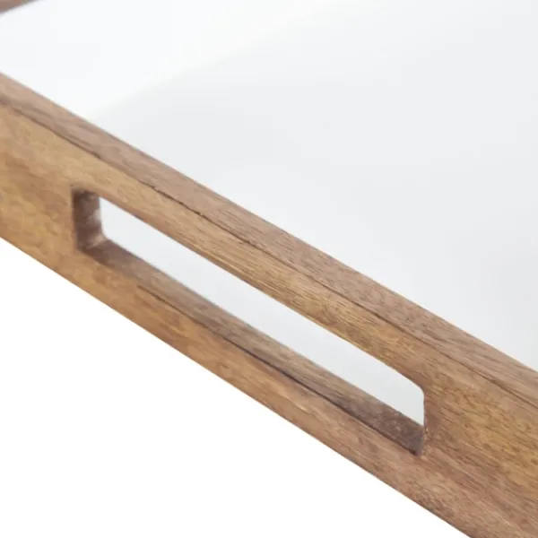 Decorative Trays-Kirkland's Home White Enameled Rectangle Mango Wood Tray Tan/White