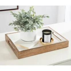 Decorative Trays-Kirkland's Home White Enameled Rectangle Mango Wood Tray Tan/White