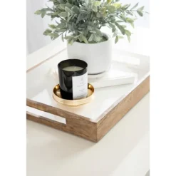 Decorative Trays-Kirkland's Home White Enameled Rectangle Mango Wood Tray Tan/White