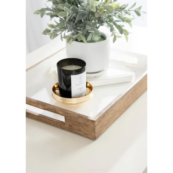 Decorative Trays-Kirkland's Home White Enameled Rectangle Mango Wood Tray Tan/White