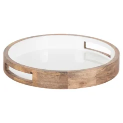 Decorative Trays-Kirkland's Home White Enameled Round Mango Wood Tray Tan/White