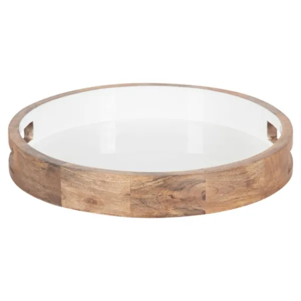 Decorative Trays-Kirkland's Home White Enameled Round Mango Wood Tray Tan/White