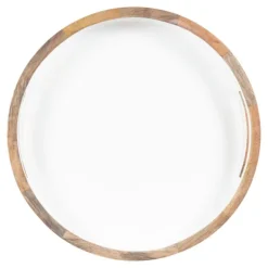 Decorative Trays-Kirkland's Home White Enameled Round Mango Wood Tray Tan/White