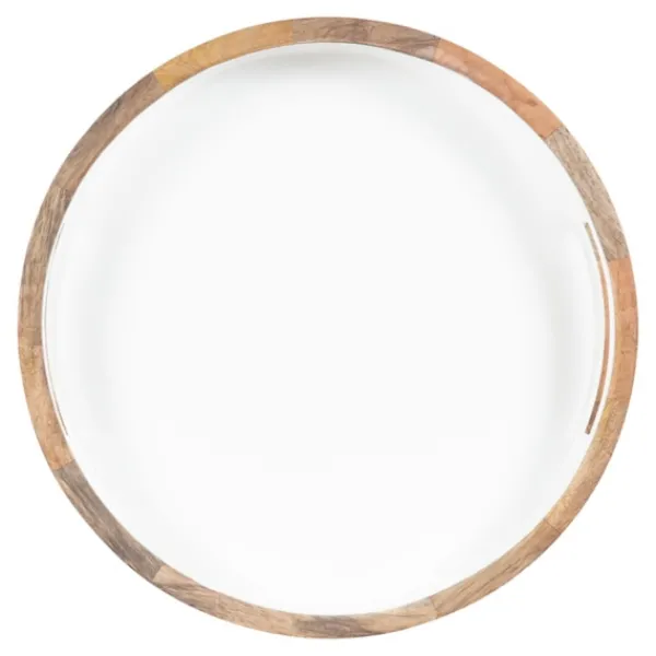 Decorative Trays-Kirkland's Home White Enameled Round Mango Wood Tray Tan/White