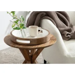 Decorative Trays-Kirkland's Home White Enameled Round Mango Wood Tray Tan/White