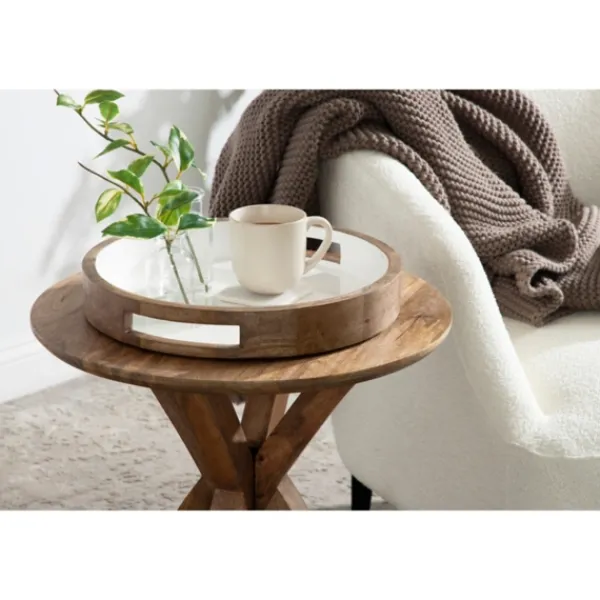Decorative Trays-Kirkland's Home White Enameled Round Mango Wood Tray Tan/White