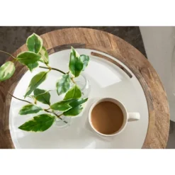 Decorative Trays-Kirkland's Home White Enameled Round Mango Wood Tray Tan/White