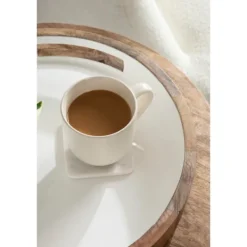 Decorative Trays-Kirkland's Home White Enameled Round Mango Wood Tray Tan/White