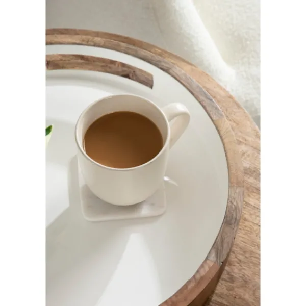Decorative Trays-Kirkland's Home White Enameled Round Mango Wood Tray Tan/White