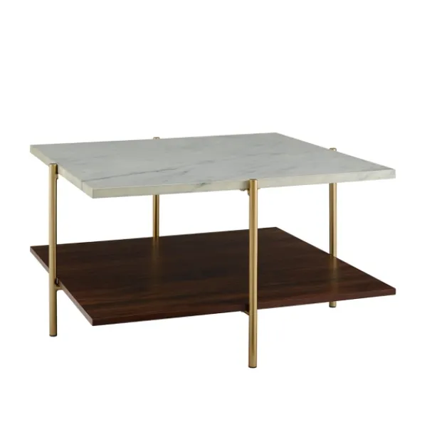 Coffee Tables-Kirkland's Home White Faux Marble And Brown Wood Coffee Table White/Gold