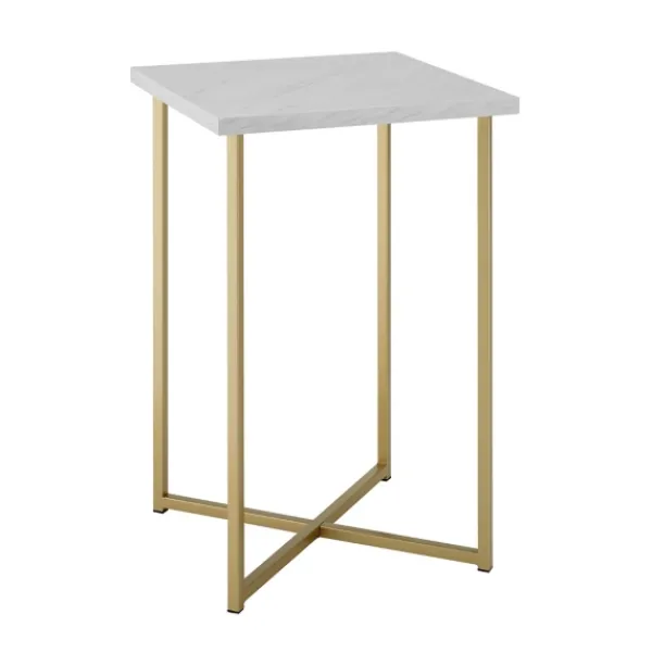 Accent & End Tables-Kirkland's Home White Faux Marble And Gold X-Base Accent Table