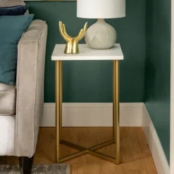 Accent & End Tables-Kirkland's Home White Faux Marble And Gold X-Base Accent Table