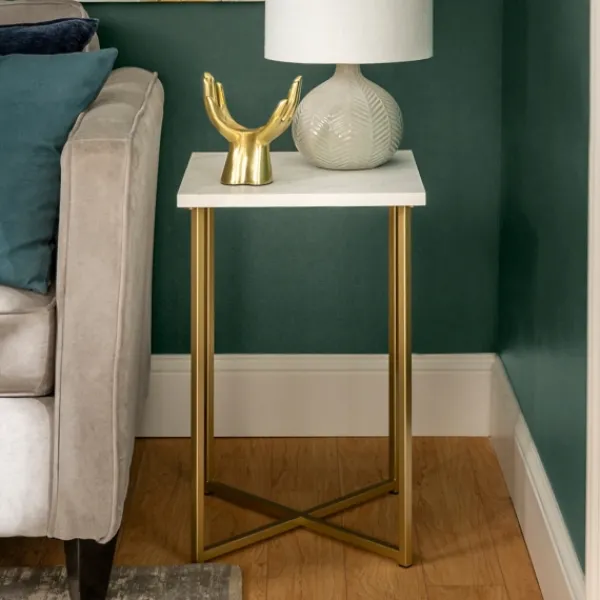 Accent & End Tables-Kirkland's Home White Faux Marble And Gold X-Base Accent Table